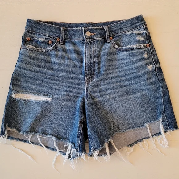 American Eagle High Waisted Strigid Lightly Distressed Relaxed Denim Jean Shorts - Picture 2 of 15